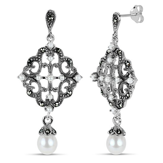 Womens Genuine Black Marcasite Sterling Silver Drop Earrings