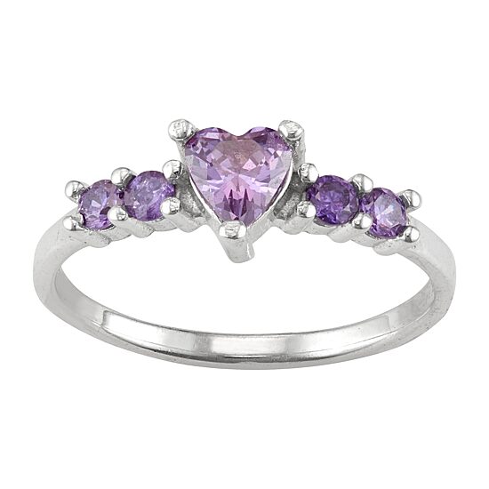 Girls Purple Cubic Zirconia Sterling Silver Heart Cocktail Ring
