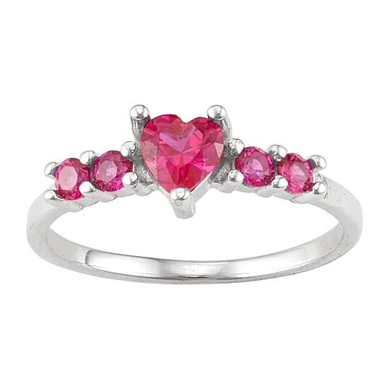 Girls Red Cubic Zirconia Sterling Silver Heart Cocktail Ring