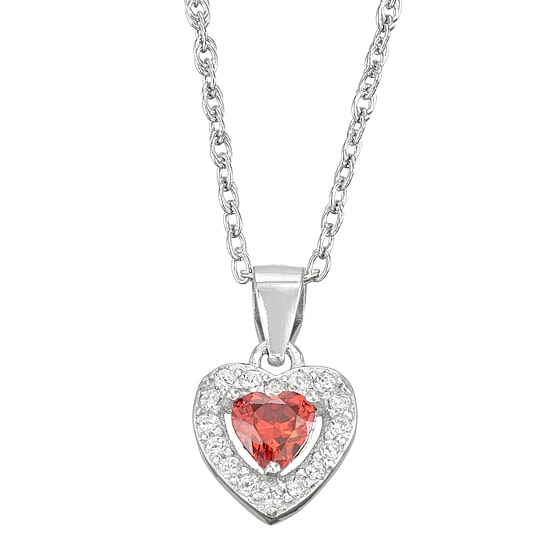 Girls Red Cubic Zirconia Sterling Silver Heart 15 Inch Pendant Necklace
