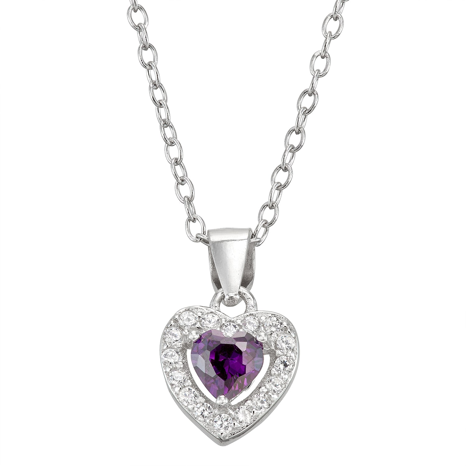 Girls Cubic Zirconia Sterling Silver Heart 15 Inch Pendant Necklace