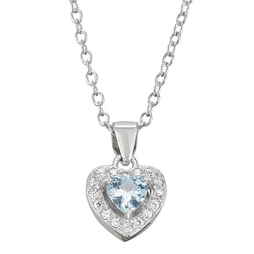 Girls Blue Cubic Zirconia Sterling Silver Heart 15 Inch Pendant Necklace, One Size