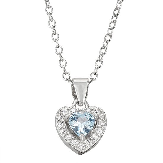 Girls Blue Cubic Zirconia Sterling Silver Heart 15 Inch Pendant Necklace