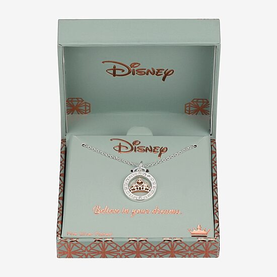 Disney Classics Womens Crystal Pure Silver Over Brass Crown 18 Inch Pendant Necklace
