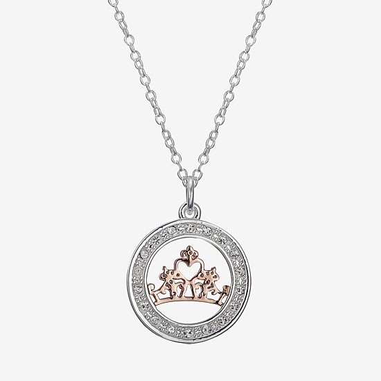 Disney Classics Womens Crystal Pure Silver Over Brass Crown 18 Inch Pendant Necklace