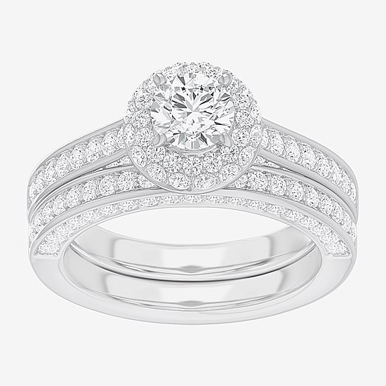 (G-H / Si1-Si2) Womens 1 7/8 CT. T.W. Lab Grown White Diamond 14K Gold Round Side Stone Halo Bridal Set
