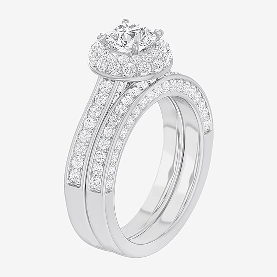 (G-H / Si1-Si2) Womens 1 7/8 CT. T.W. Lab Grown White Diamond 14K Gold Round Side Stone Halo Bridal Set