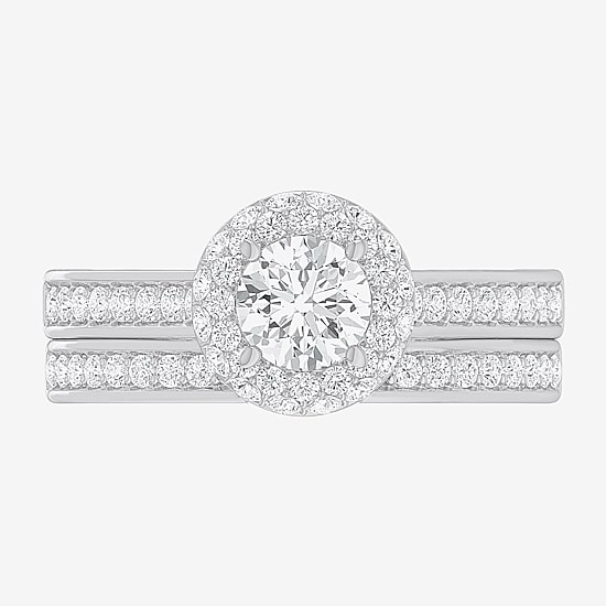 (G-H / Si1-Si2) Womens 1 7/8 CT. T.W. Lab Grown White Diamond 14K Gold Round Side Stone Halo Bridal Set