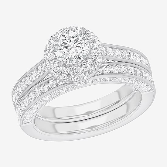 (G-H / Si1-Si2) Womens 1 7/8 CT. T.W. Lab Grown White Diamond 14K Gold Round Side Stone Halo Bridal Set