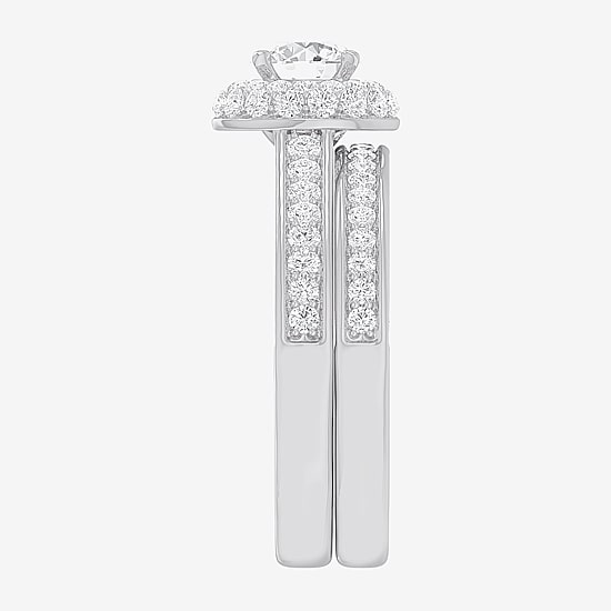 (G-H / Si1-Si2) Womens 1 7/8 CT. T.W. Lab Grown White Diamond 14K Gold Round Side Stone Halo Bridal Set