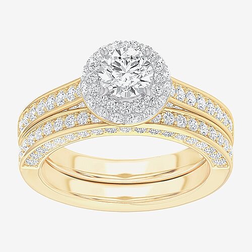 (G-H / Si1-Si2) Womens 1 7/8 CT. T.W. Lab Grown White Diamond 14K Gold Round Side Stone Halo Bridal Set, 9, Yellow