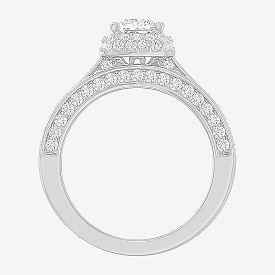 (G-H / Si1-Si2) Womens 1 7/8 CT. T.W. Lab Grown White Diamond 14K Gold Cushion Side Stone Halo Engagement Ring