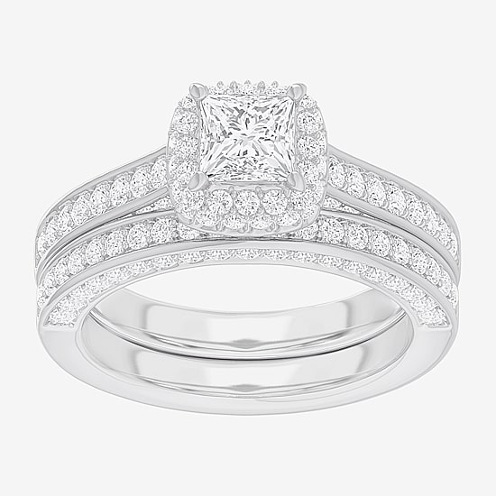 (G-H / Si1-Si2) Womens 1 7/8 CT. T.W. Lab Grown White Diamond 14K Gold Cushion Side Stone Halo Engagement Ring
