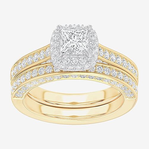 (G-H / Si1-Si2) Womens 1 7/8 CT. T.W. Lab Grown White Diamond 14K Gold Cushion Side Stone Halo Engagement Ring, 9, Yellow