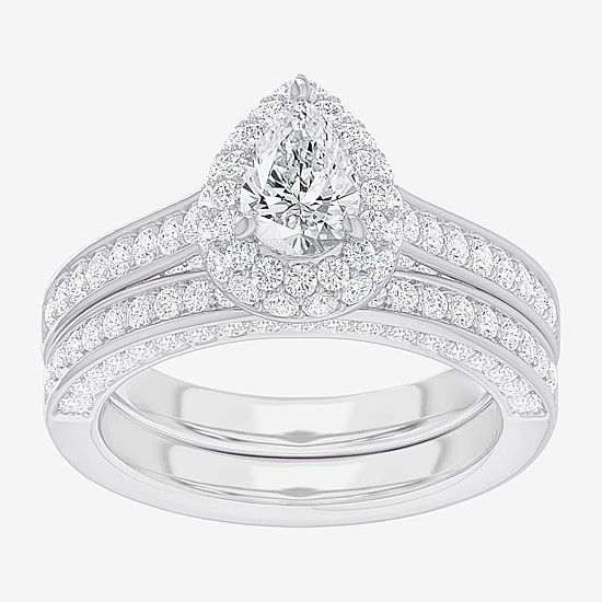 (G-H / Si1-Si2) Womens 1 7/8 CT. T.W. Lab Grown White Diamond 14K Gold Pear Side Stone Halo Engagement Ring