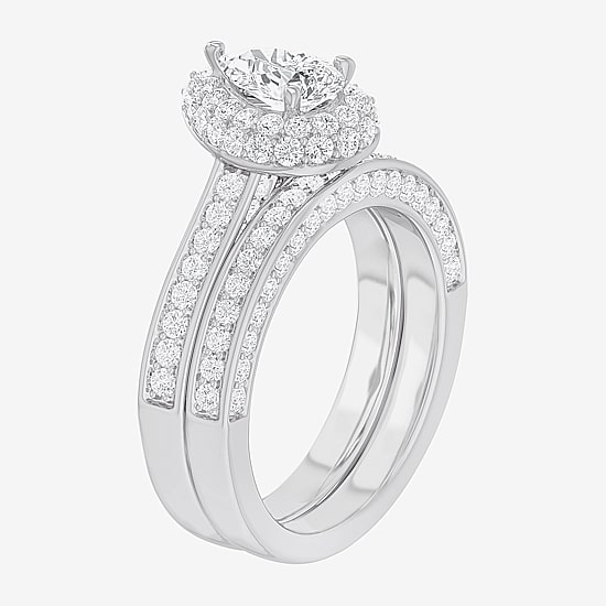 (G-H / Si1-Si2) Womens 1 7/8 CT. T.W. Lab Grown White Diamond 14K Gold Pear Side Stone Halo Engagement Ring