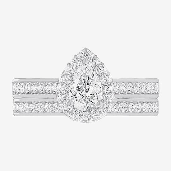 (G-H / Si1-Si2) Womens 1 7/8 CT. T.W. Lab Grown White Diamond 14K Gold Pear Side Stone Halo Engagement Ring