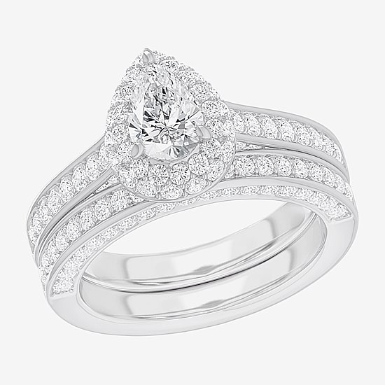 (G-H / Si1-Si2) Womens 1 7/8 CT. T.W. Lab Grown White Diamond 14K Gold Pear Side Stone Halo Engagement Ring