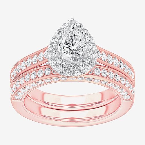 (G-H / Si1-Si2) Womens 1 7/8 CT. T.W. Lab Grown White Diamond 14K Gold Pear Side Stone Halo Engagement Ring, 9, Rose