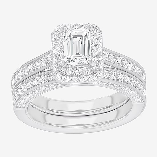 (G-H / Si1-Si2) Womens 1 7/8 CT. T.W. Lab Grown White Diamond 14K Gold Side Stone Halo Engagement Ring