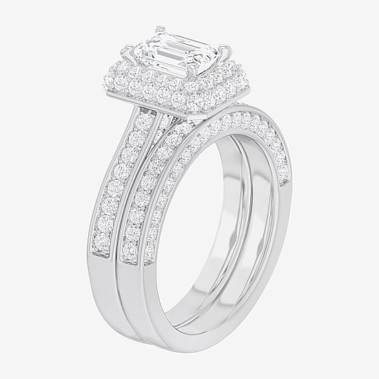 (G-H / Si1-Si2) Womens 1 7/8 CT. T.W. Lab Grown White Diamond 14K Gold Side Stone Halo Engagement Ring