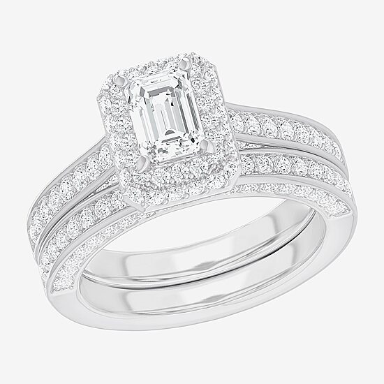(G-H / Si1-Si2) Womens 1 7/8 CT. T.W. Lab Grown White Diamond 14K Gold Side Stone Halo Engagement Ring