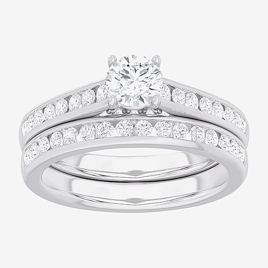 (G-H / Si1-Si2) Womens 1 1/2 CT. T.W. Lab Grown White Diamond 14K Gold Round Side Stone Bridal Set
