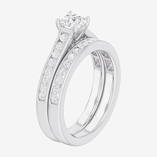 (G-H / Si1-Si2) Womens 1 1/2 CT. T.W. Lab Grown White Diamond 14K Gold Round Side Stone Bridal Set