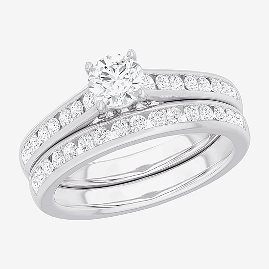 (G-H / Si1-Si2) Womens 1 1/2 CT. T.W. Lab Grown White Diamond 14K Gold Round Side Stone Bridal Set