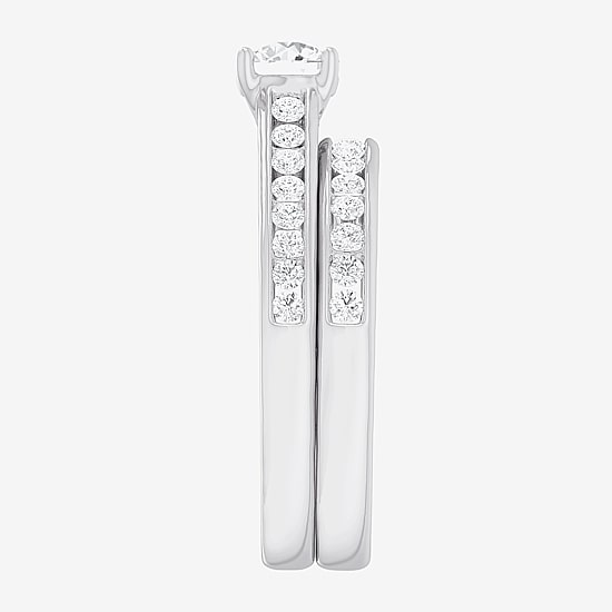 (G-H / Si1-Si2) Womens 1 1/2 CT. T.W. Lab Grown White Diamond 14K Gold Round Side Stone Bridal Set