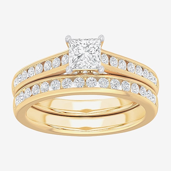 (G-H / Si1-Si2) Womens 1 1/2 CT. T.W. Lab Grown White Diamond 14K Gold Side Stone Bridal Set