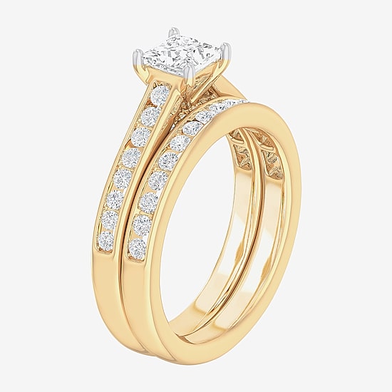 (G-H / Si1-Si2) Womens 1 1/2 CT. T.W. Lab Grown White Diamond 14K Gold Side Stone Bridal Set