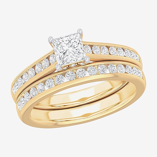 (G-H / Si1-Si2) Womens 1 1/2 CT. T.W. Lab Grown White Diamond 14K Gold Side Stone Bridal Set