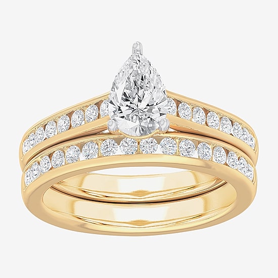 (G-H / Si1-Si2) Womens 1 1/2 CT. T.W. Lab Grown White Diamond 14K Gold Pear Side Stone Bridal Set