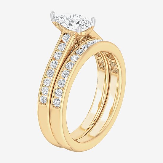 (G-H / Si1-Si2) Womens 1 1/2 CT. T.W. Lab Grown White Diamond 14K Gold Pear Side Stone Bridal Set