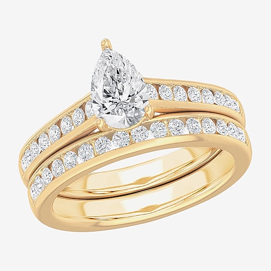 (G-H / Si1-Si2) Womens 1 1/2 CT. T.W. Lab Grown White Diamond 14K Gold Pear Side Stone Bridal Set