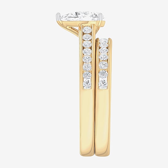 (G-H / Si1-Si2) Womens 1 1/2 CT. T.W. Lab Grown White Diamond 14K Gold Pear Side Stone Bridal Set