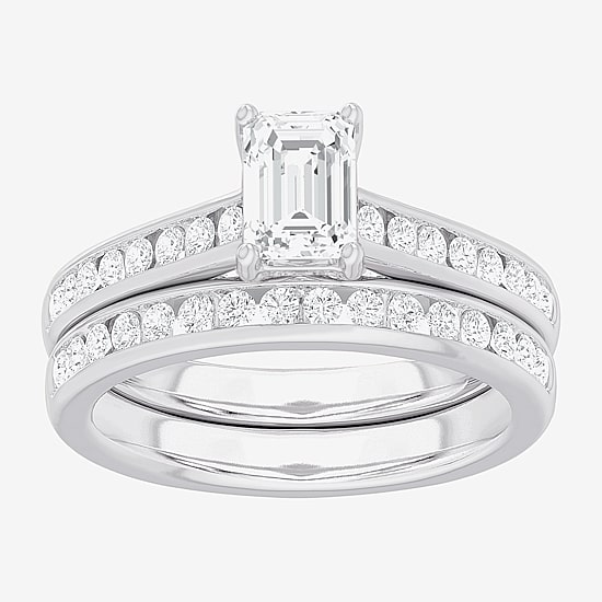 (G-H / Si1-Si2) Womens 1 1/2 CT. T.W. Lab Grown White Diamond 14K Gold Side Stone Bridal Set