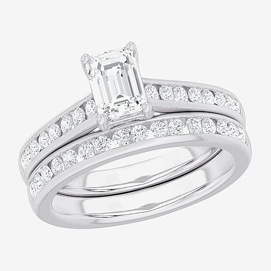 (G-H / Si1-Si2) Womens 1 1/2 CT. T.W. Lab Grown White Diamond 14K Gold Side Stone Bridal Set