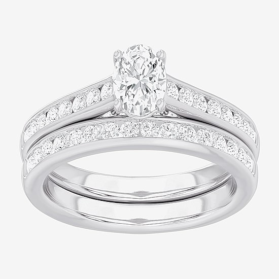 (G-H / Si1-Si2) Womens 1 1/2 CT. T.W. Lab Grown White Diamond 14K Gold Oval Side Stone Bridal Set