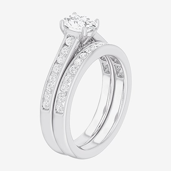(G-H / Si1-Si2) Womens 1 1/2 CT. T.W. Lab Grown White Diamond 14K Gold Oval Side Stone Bridal Set