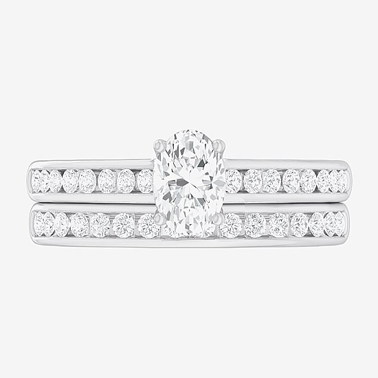 (G-H / Si1-Si2) Womens 1 1/2 CT. T.W. Lab Grown White Diamond 14K Gold Oval Side Stone Bridal Set