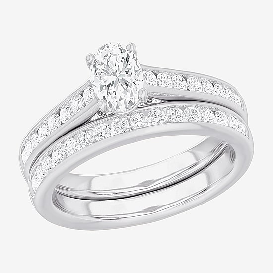 (G-H / Si1-Si2) Womens 1 1/2 CT. T.W. Lab Grown White Diamond 14K Gold Oval Side Stone Bridal Set
