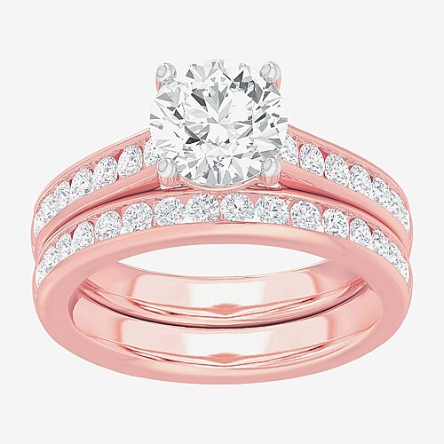 (G-H / Si1-Si2) Womens 3 CT. T.W. Lab Grown White Diamond 14K Gold Round Side Stone Bridal Set, 8, Rose