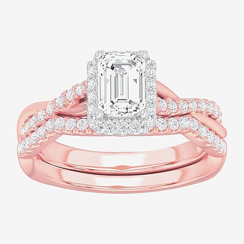 (G-H / Si1-Si2) Womens 1 1/6 CT. T.W. Lab Grown White Diamond 14K Gold Side Stone Halo Bridal Set, 9, Rose