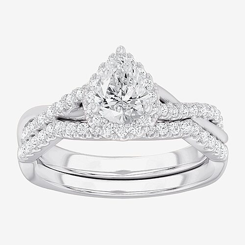 (G-H / Si1-Si2) Womens 1 1/6 CT. T.W. Lab Grown White Diamond 14K Gold Pear Side Stone Halo Bridal Set, 9, White