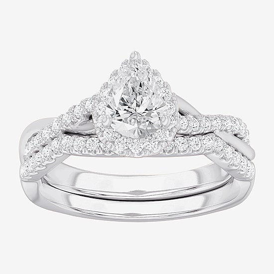 (G-H / Si1-Si2) Womens 1 1/6 CT. T.W. Lab Grown White Diamond 14K Gold Pear Side Stone Halo Bridal Set