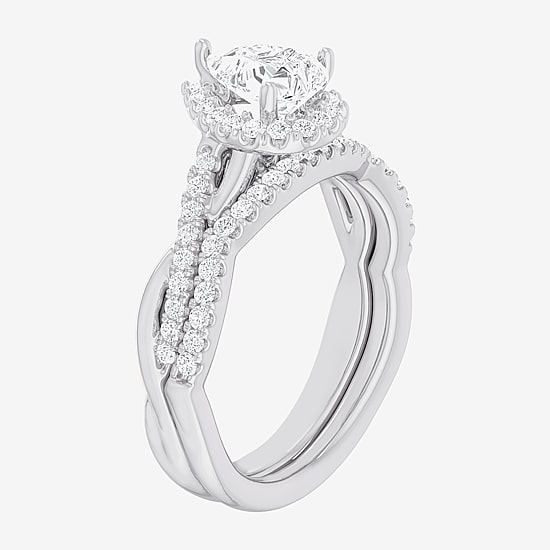 (G-H / Si1-Si2) Womens 1 1/6 CT. T.W. Lab Grown White Diamond 14K Gold Pear Side Stone Halo Bridal Set