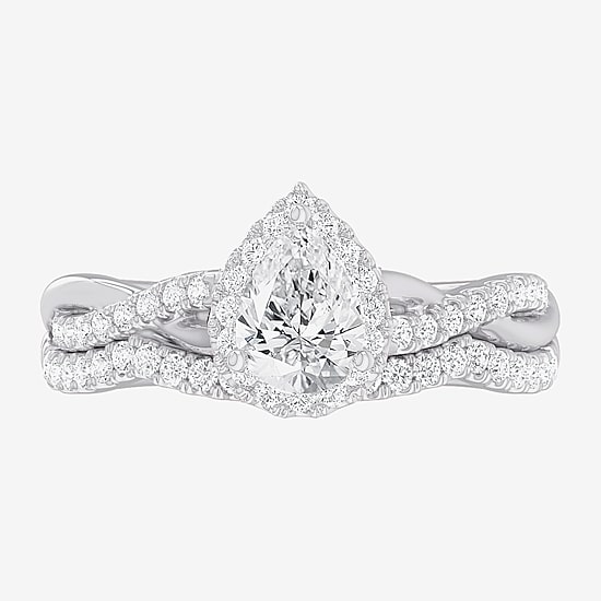 (G-H / Si1-Si2) Womens 1 1/6 CT. T.W. Lab Grown White Diamond 14K Gold Pear Side Stone Halo Bridal Set