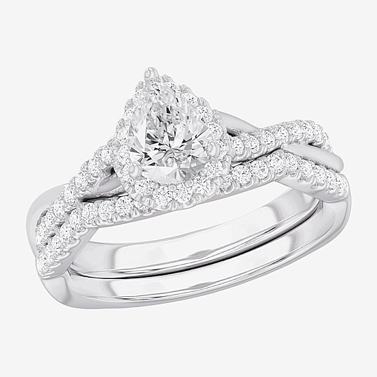(G-H / Si1-Si2) Womens 1 1/6 CT. T.W. Lab Grown White Diamond 14K Gold Pear Side Stone Halo Bridal Set